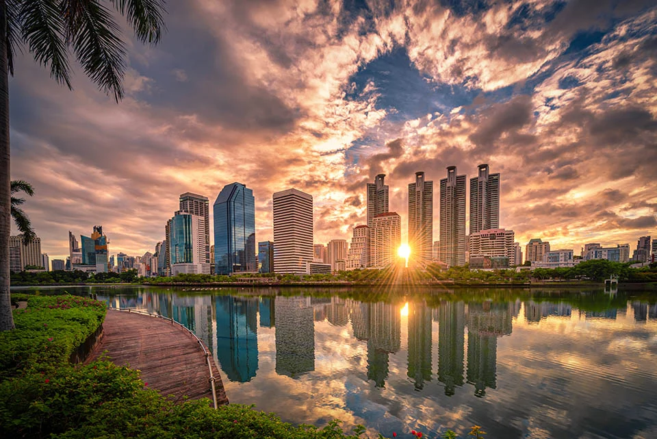 Cityscape Image of Benchakitti Park at Sunrise in Bangkok, Thailand.